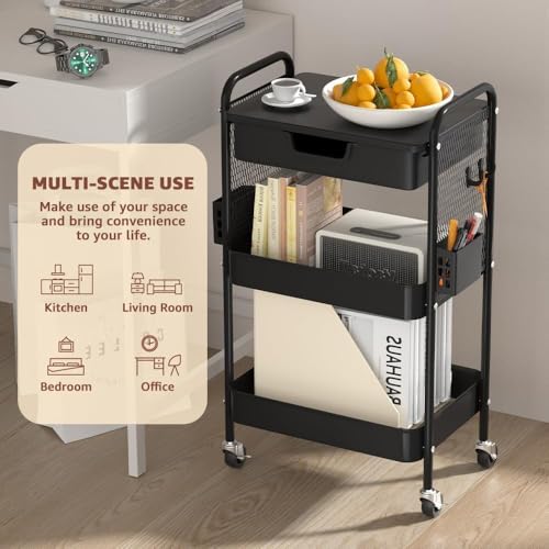 3 Tier Rolling Cart with Drawer, Metal Rolling Utility Cart on Wheels with Pegboard, Art Cart Storage Organizer with Tabletop for Living Room, Office, Bedroom (Black) - color: Black
