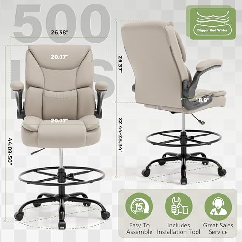 500LBS Drafting Chair, High Back Safer Standing Desk Chair, Executive Tall Office Chair with Flip-up Armrests, Upholstered PU Leather Task Chair, Ergonomic Seat with Adjustable Height&Foot Ring,Beige - color: Beige