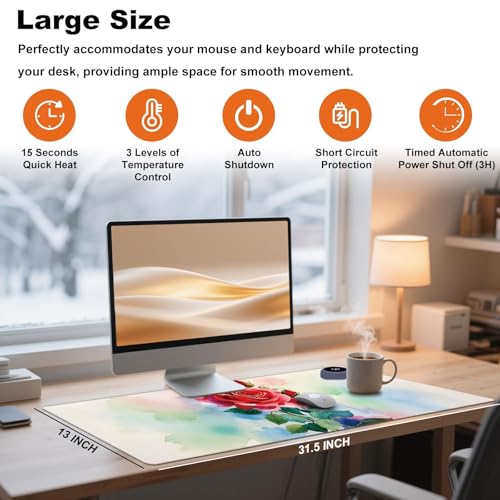 Heated Desk Pad 31.5" x 13" 3 Large Heated Mouse Pad with Heat Levels (40°C/45°C/50°C) & 3H Auto Shut-Off Desk Mat Fast Heating PU Leather Warmer Mousepad for Home Office - Colorful Rose Flowers - color: Colorful Rose Flowers, size: 31.5 x 13 inch
