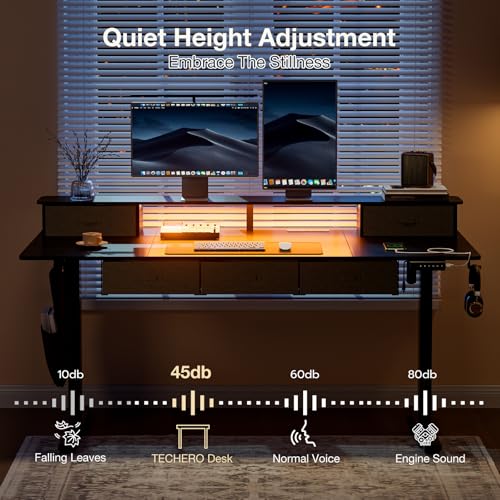71x32 Inch Electric Standing Desk with 5 Drawers, Sit Stand Desk with Power Outlets, Monitor Shelf, LED Light and Cable Management, Height Adjustable 28.3-47.2 Inch for Home & Office, Black - color: Black, size: 71x32Inch