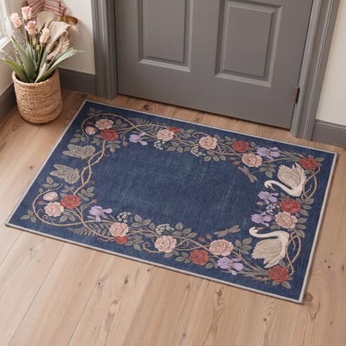 Bavni 8X10 Washable Area Rug for Living Room, Animal Swan Garden Non Slip - color: Antique Navy, size: 8' x 10' (Rectangular)