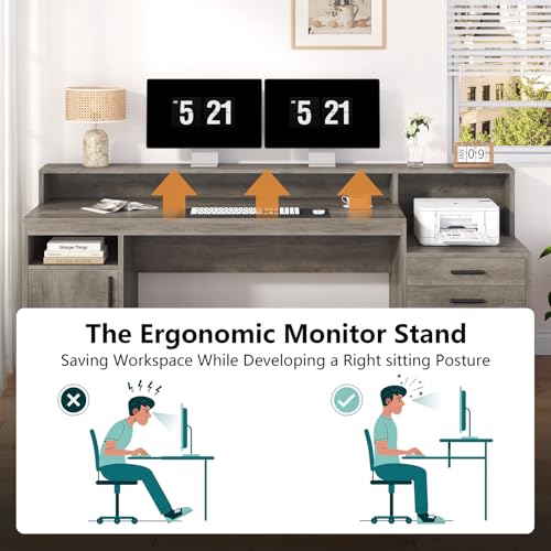 YOMILUVE 65" Computer Desk with 3 Drawers & Printer Shelf for Home Office - color: Grey