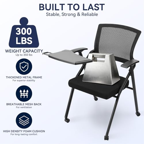 Folding Office Chair, Stackable Conference Chair with Casters and Tabletop | 300 lbs Capacity – Space-Saving for Meeting Room, Reception, Guest (With a writing pad) - size: M1