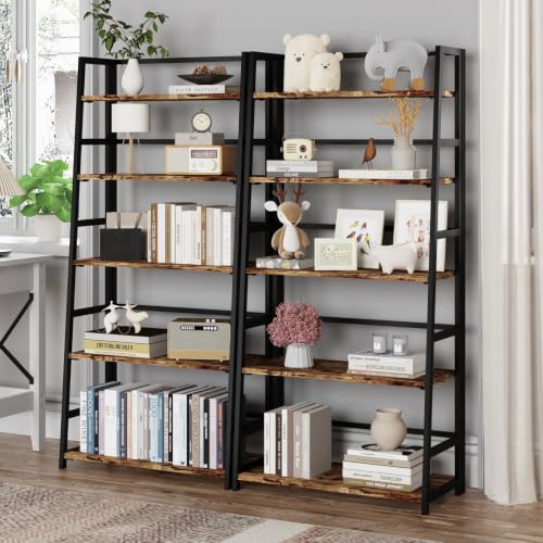 JSB 5 Tier Bookshelf, No Assembly Folding Ladder Bookshelf, 51.6in Tall Foldable Ladder Shelf, Bookcase for Home Office, Living Room,Space-Saving (Rustic & Brown, 5 Tier) - color: Rustic & Brown