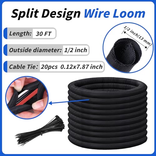 30ft - 1/2in Split Braided Sleeve Cable Management, Self-Wrapping | Flexible loom tubing protects wires from abrasion and heat. Great for automotive, TV, computer, and home electrical use. - size: 1/2inx30ft