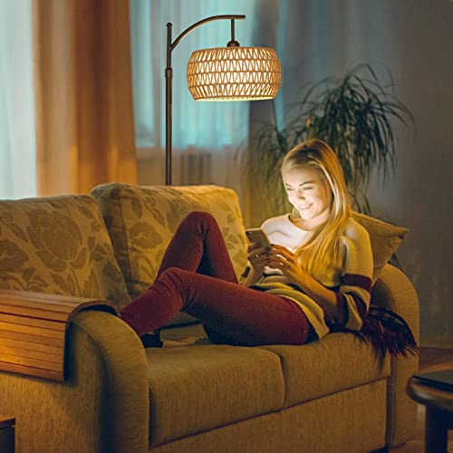 Arc Floor Lamp with Remote Control, Dimmable LED Floor Lamp with 3 Color Temperature, Black Standing Lamp with Rattan & Fabric Double Drum Shade, Boho Farmhouse Tall Pole Lamp for Living Room Bedroom - style: Bohemian