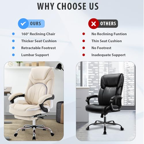Comfortable Reclining Office Desk Chair with Foot Leg Rest, Beige | Big Tall Computer Gaming Chair, Adjustable Lumbar Back Support, Wide Seat, Heavy Duty, Wheels, Faux Leather - color: Cream Beige