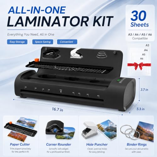 13 Inch Laminator Machine with 30 Laminating Sheets, A3 11-in-1 Hot & Cold Thermal Laminator for Teachers, 60S Fast Warm-Up, 450mm/min, Never-Jam Design Laminate Machine for Home, Office, School - color: Black