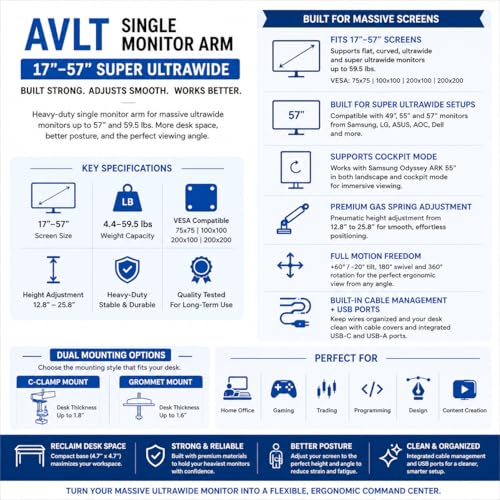 AVLT Single 17"-57" Super Ultrawide Monitor Arm - Gray | Screens Up to 59.5 lbs Premium Aluminum Desk Stand Adjustable Pneumatic Height Full Motion Swivel Tilt Rotation USB-C&A Ports - color: Gray-17 to 57 Inch