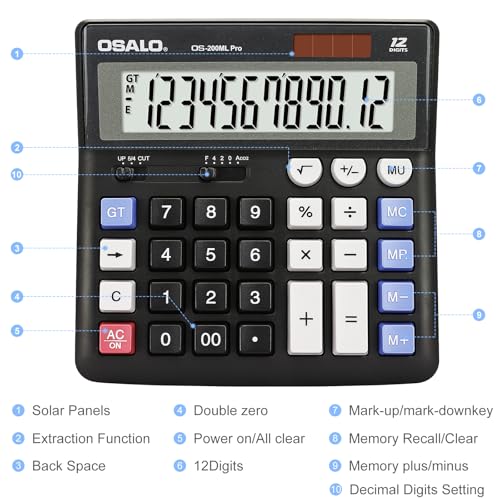 OSALO Extra Large Desktop Calculator Big Buttons 12 Digit, Solar, Black - size: OS-200ML Pro Black