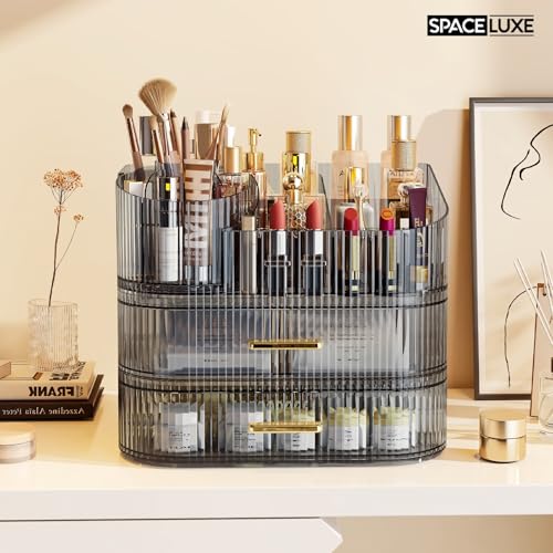 Large Makeup Organizer with Drawers, 360° Rotating Brush Holder | 3-Tier, Cosmetic storage for vanity, skincare, perfume, hair accessories, lipstick and jewelry, Transparent Gray - color: Transparent Gray, size: 3-layer