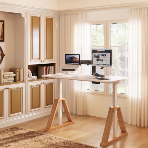 FLEXISPOT 55 x 28 Inch Oak Executive Standing Desk, White | Japandi-Inspired Sit-Stand Desk, Architectural V-Frame Design, Multi-Monitor Setups, Dual Motor & 220 LBS - color: White, size: 55"x28" Oak