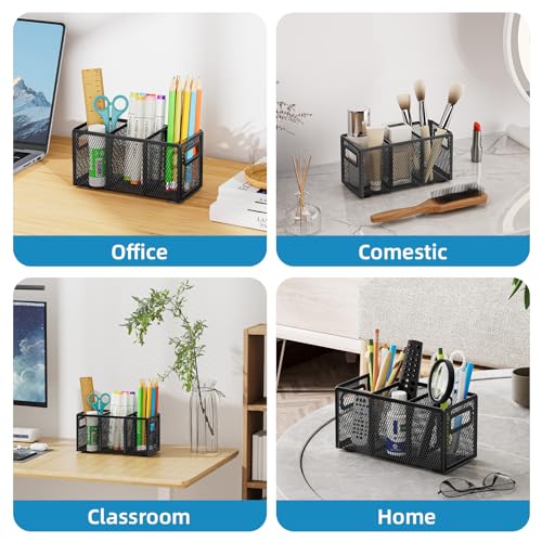 Marbrasse Mesh Pen Holder for Desk, Pencil Holder Desk Organizer 3 Adjustable Compartments, Pencil Cup with Handle Perfect for Classroom, Office, Home, Makeup, Art (Black) - color: Black