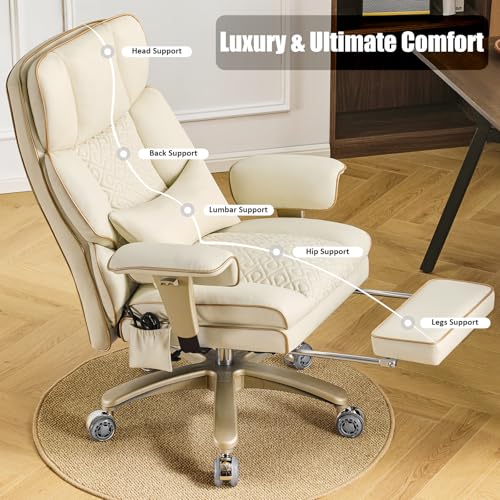 Leather Office Chair with Footrest, High-Back Executive Office Chair with Adjustable Lumbar Support, Luxury Desk Chair with Silent Wheels Rocking 360° Swivel, Height Adjustment,Beige - color: Beige