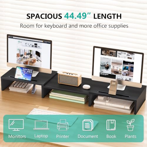 WALI Extra Long Wooden Dual Monitor Stand Riser with 2 Slots, up to 22lbs | Underneath Storage, Adjustable Length & Angle, Multi-Purpose Desktop Organizer Desk Shelf for Home Office PC, Laptop, Printer - color: Black, size: 31.2"L * 10.8"W