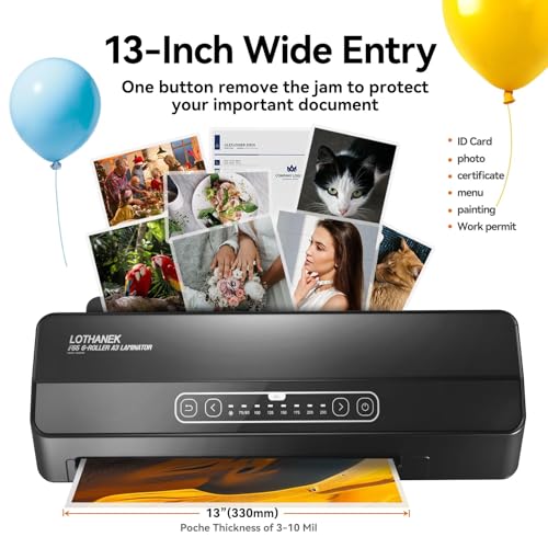 A3 6-Roller Commercial Laminator Machine, LOTHANEK 3-10 Mil 13 inch Heavy Duty Thermal Laminating Machine, 60-Second Warm-up, 40 Inches/Minute, Touch Screen for Home, School Office (Glossy Black)
