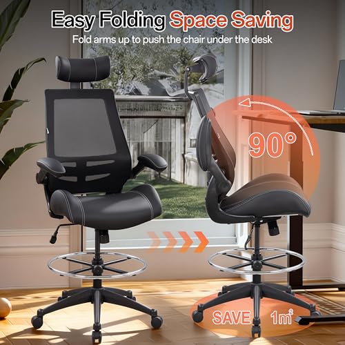 BOLISS Leather Drafting Chair Ergonomic Tall Office Chair - color: Black Leather Mesh Back, size: BLS-2818HD