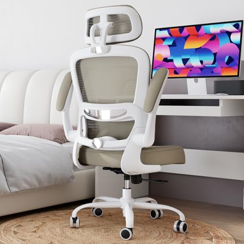 TRALT Office Chair Ergonomic Desk Chair - Gaming Chair with Lumbar Support | 330 LBS Home Office Desk Chairs with Headrest, Reading Chair with Flip-up Armrests, Comfortable Computer Chairs (1, Khaki) - color: Khaki