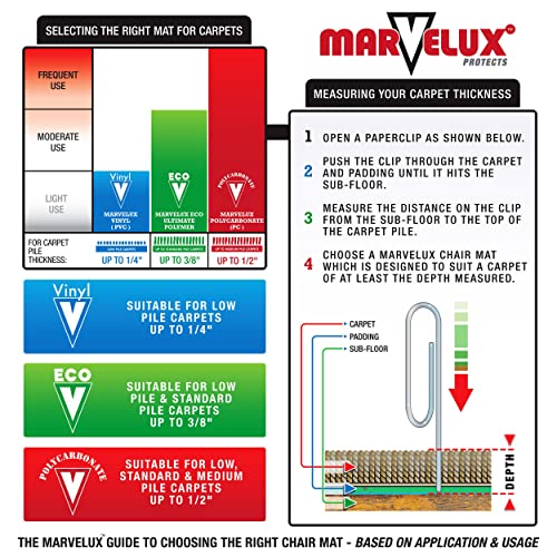 Marvelux Durable Office Chair Mat, Rectangular with Lip for Low and Standard Pile Carpets, 36" x 48", Transparent Carpeted Floor Protector, Shipped Flat, Eco-Friendly Enhanced Polymer - size: 36" x 48" (With Lip)