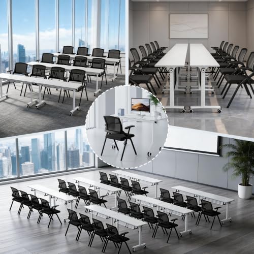 Stackable Foldable Office Chairs with Armrests, Portable Conference Meeting Guest Training Room Chairs for Guest Reception Home Office Training Classroom Chair,Black,10