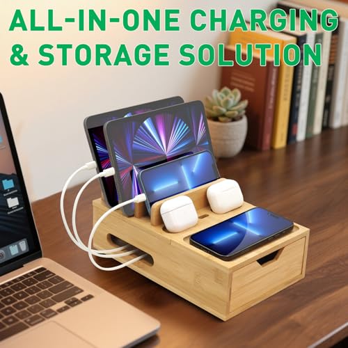 Bamboo Charging Station for Multiple Devices, Desktop Wood Charger Organizer with Drawer & Tray -Included 6 Cables, Compatible with Multi Devices, Cell Phone, Tablet, Earphones (No USB Charger)