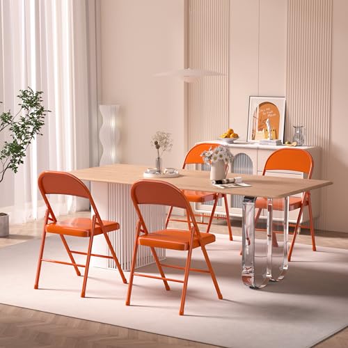 VECELO Metal Frame Steel Folding Mounted Chairs with Triple Braced & Double Hinged Back for Home Office,350-Pound Capacity,Orange, Pack of 4 - color: True Orange
