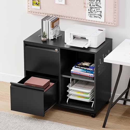 SISESOL 2 Drawer File Cabinet with Lock and Shelf,Mobile Lateral Filing Cabinet,Metal Filing Cabinets with Open Storage Shelves Organizer for Home Office Fit Legal/Letter A4 Size (Black) - color: Black, size: 27.5"H x 31.5"W x 17"D