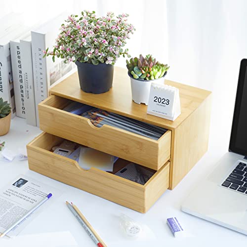 Charmewooden Bamboo Desk Organizer With Drawers Countertop Drawers Counter Storage Box Corner Desk Organizer for Home Office No Assembly Required - color: Natural Color(2 Drawers)