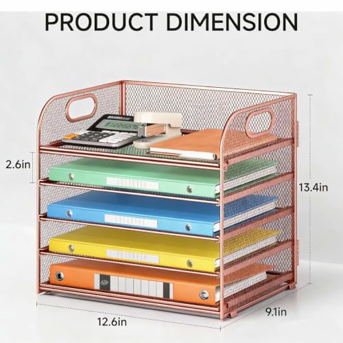 5 Tray Paper Organizer Letter Tray with Handle - Mesh Desk File Organizer, Paper Sorter Organizer for Office, Home or School File Folder Holder - Rose Gold - color: 5 Tier - Rose Gold, size: 12.6" x 9.1" x 11.5"
