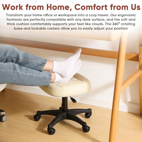 Ergonomic Adjustable Under Desk Footrest,Ottoman with Wheels | 500lbs|360° swivel Silent PU casters|Thick 2.36" Seat| Rolling Stool with Wheels for Massage,Salon,Spa,Clinic,Office,Home - color: Creamywhite