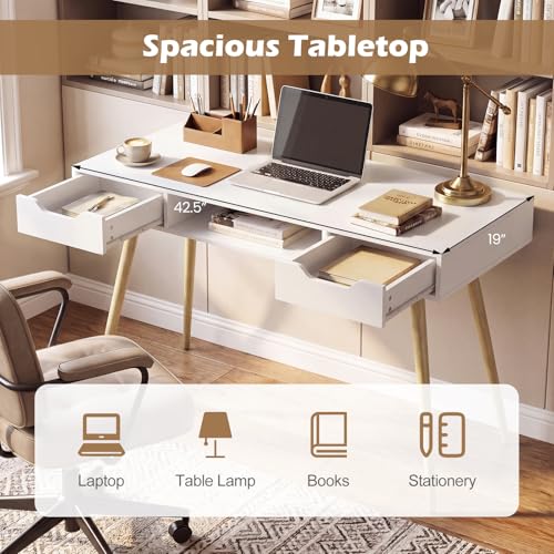 Tangkula Mid Century Modern Desk Simple Computer Desk | White Writing Desk Vanity Table w/2 Drawers & Open Center Storage, Small Wooden Study Table for Home Office & Compact Spaces - color: White