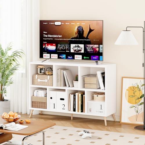 7-Cube Storage Organizer with Natural Wood Legs, Mid-Century Modern Bookcase and Display Cabinet, Freestanding Toy Storage Bookshelf for Living Room, Kids Room and Bedroom, White - color: White, size: 7-Cube