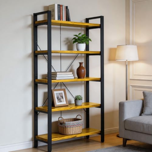 Real Solid Wood Rustic Vintage Industrial Etagere Bookshelf, Metal & Timber Free Vintage Bookcase, Golden (Genuine Timber) (5-Tiers-Golden Oak) - size: 5-Tiers-Golden Oak
