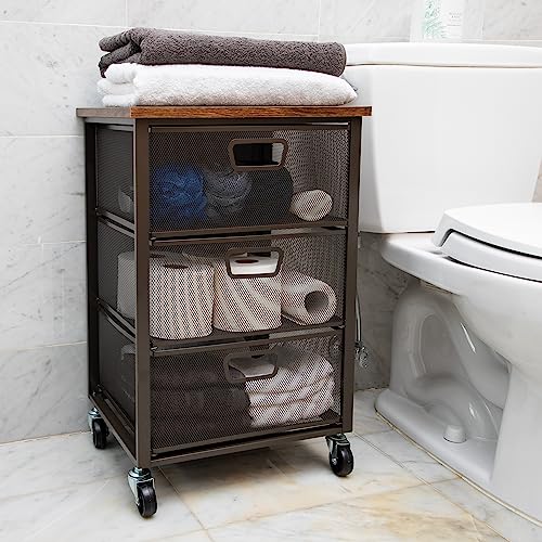 Mind Reader 3 Drawer Storage Organizer with Wood Top, Rolling Office Organizer Cabinet with Wheels, Office, Metal Mesh, Black - style: 3-Drawers with Wood Top