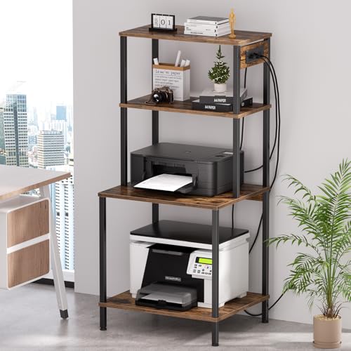 Large Printer Stand with Charging Station, Printer Table for Home Office - color: Rustic Brown, size: Large with Charger