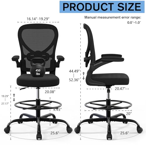 Alolo Drafting Office Chair with Foot Rest,Ergonomic Chair with Footrest for Standing Desk,Adjustable Mesh Lumbar Support Chairs with Flip-up Armrest and Heavy Duty Rolling(Black)