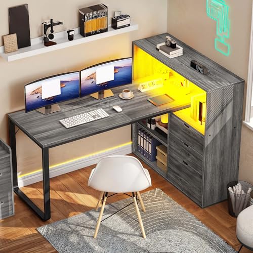 YITAHOME Grey L Desk, 55.1-Inch Top, Hanging-File Drawer - color: Grey