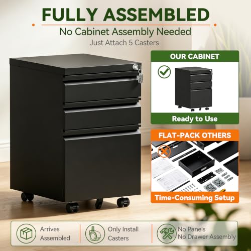 SAWJEC 3 Drawer Mobile File Cabinet with Lock, Fully Assembled, Black - color: 02b-black
