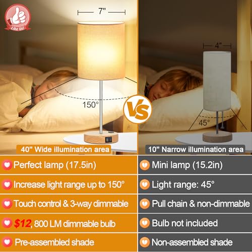 Lynnoland Set of 2 Touch Wood Table Lamps, Bedroom Lamps with 2 USB AC Outlet, 3-Way Dimmable Bedside Nightstand Lamps for Bedroom Living Room Nursery, 800 Lumens 2700K Bulbs Included - color: Cream & Wood (Base) - 2700K