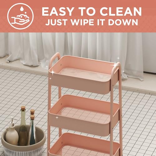 AGTEK 3 Tier Utility Rolling Cart with Lockable Wheels, Metal Multifunctional Storage, Organizer Cart for Kitchen, Office, Living Room, Makeup, Craft, Art Studio, Millennial Pink - color: Millennial Pink
