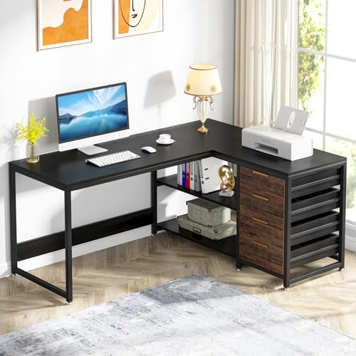 LITTLE TREE 59-Inch L Shaped Desk with Drawers, Large Computer Desk with Storage Shelves, Reversible L-Shaped Corner Desk Workstation for Home Office - color: Black