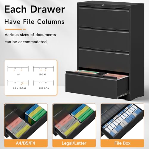 Bestoo 4 Drawer File Cabinet, Metal Lateral Filing Cabinet with Lock - color: Black, size: 4 Drawer 15.7" D x 35.4" W x 51.8" H