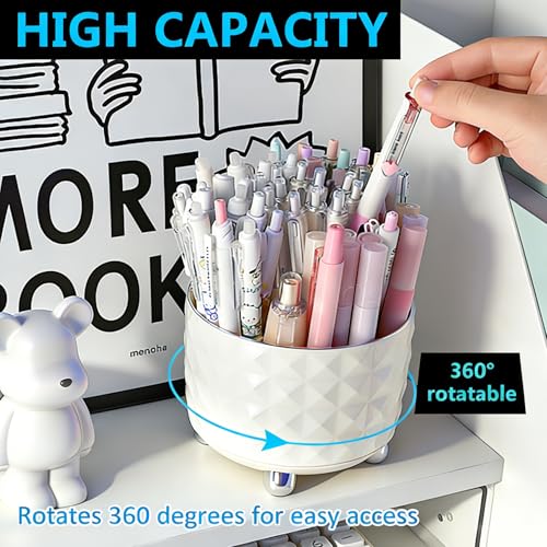 GOTOBA 360° Rotating Pencil Holder for Desk, Makeup Brush Holder with 6 Slots, Desk Organizer for Writing Utensil, Office and School Supplies (Milky White) - color: Milky White