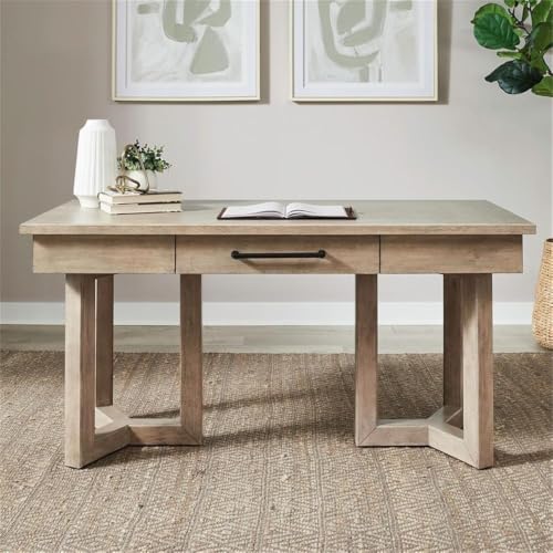 Pemberly Row 2-Piece Writing Desk and Credenza Set, Rubberwood and Birch Veneer, Barley Buff Finish, Transitional Home Office Furniture with Storage Drawer, File Drawer, Adjustable Shelves