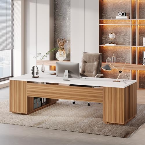 Tribesigns 85.8-Inch L-Shaped Executive Desk, Extra Large Home Office Desk - color: White & Brown