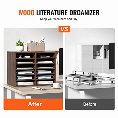 VEVOR Literature Organizers, 12 Compartments Office Mailbox with Adjustable Shelves, Wood Literature Sorter 20.4x12x16.1 inches for Office, Home, Classroom, Mailrooms Organization, EPA Certified Brown - color: Brown, size: 12 Compartments
