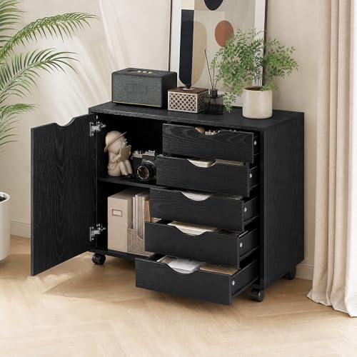 SweetGO 5 Drawer Wood File Cabinet with Wheels, Large Storage Printer Stand for Home Office, Rolling Cabinet Organizer with Reinforced Structure (Distressed Black) - color: Distressed Black
