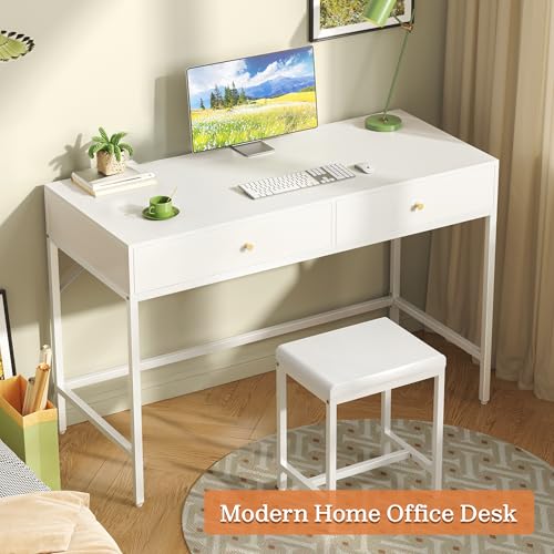 SUPERJARE 43-inch White Desk with 2 Drawers and Padded Stool - color: White, size: 43.3 inch