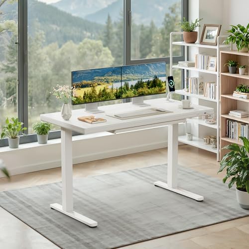 Furmax Adjustable Height Electric Standing Desk with Drawers, 48 Inch Sit Stand Desk with One-Piece Thickened Desktop & USB Charging Port for Home Office Computer Desks (White Desktop, 48 Inch) - color: White Desktop