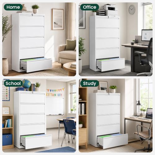 5 Drawer Lateral File Cabinet, Metal Filing Cabinet for Home Office, White | Heavy-Duty Steel Locking Large File Cabinet, Hanging Letter/Legal/A4 Size, Full-Extension Silent Drawer, Un-Assembly - color: White, size: 5 Drawers (35.43 in Width)